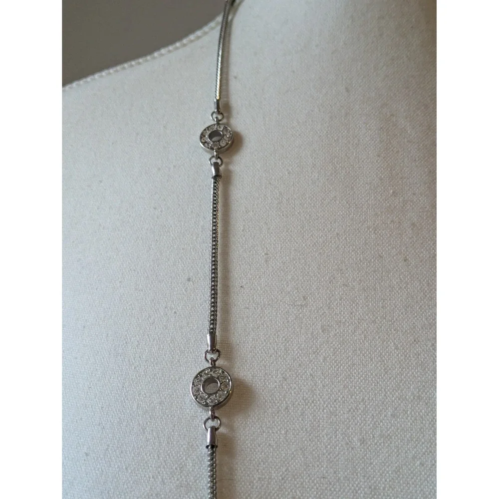 Rhinestone Station Necklace In Silver Tone Long 34